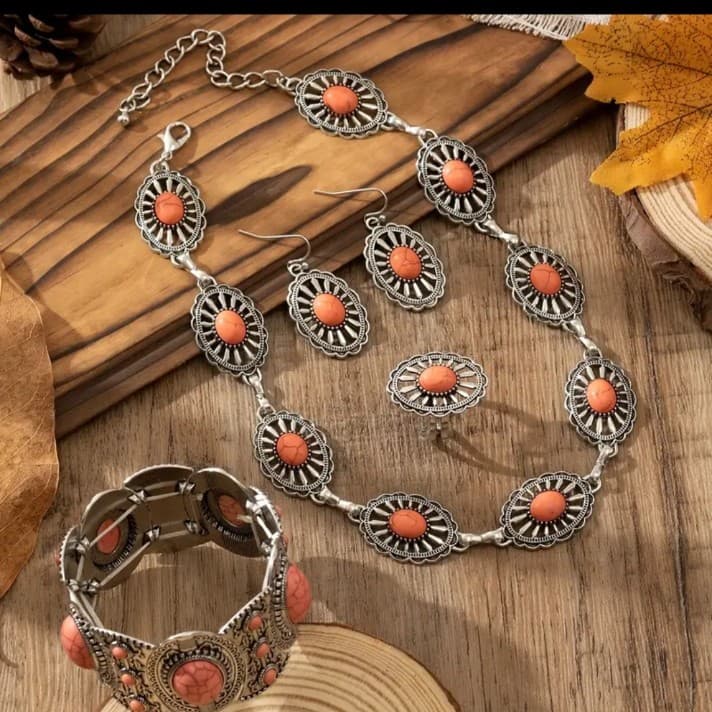 Western style concho jewelry set with a necklace, earrings, bracelet and ring . - Thumbnail 6