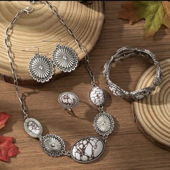 Southwestern-style 4-piece jewelry set w/ a necklace, earrings, bracelet & ring - Thumbnail 6