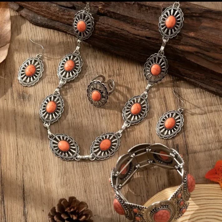 Western style concho jewelry set with a necklace, earrings, bracelet and ring . - Thumbnail 3