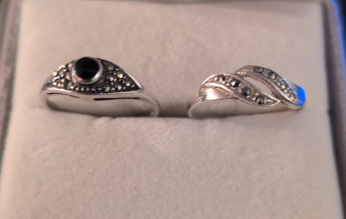 Vintage Art Deco Sterling Silver Onyx & Marcasite Nesting Ring Set 925 -size 7 - Image 1