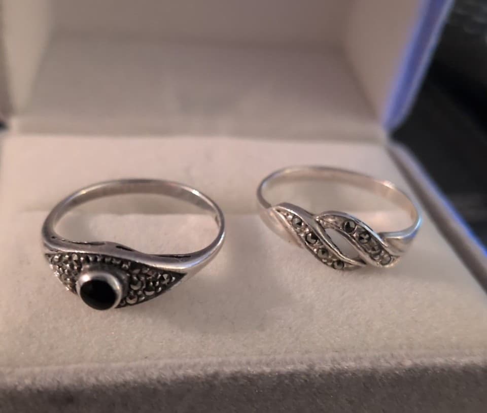 Vintage Art Deco Sterling Silver Onyx & Marcasite Nesting Ring Set 925 -size 7 - Thumbnail 3