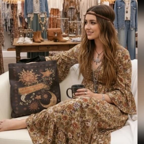 ~hot topic Bohemian Sun and Moon Tote Bag - light brown tote - Thumbnail 2