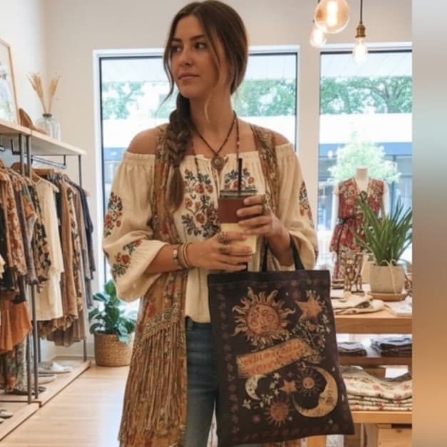 ~hot topic Bohemian Sun and Moon Tote Bag - light brown tote - Thumbnail 3