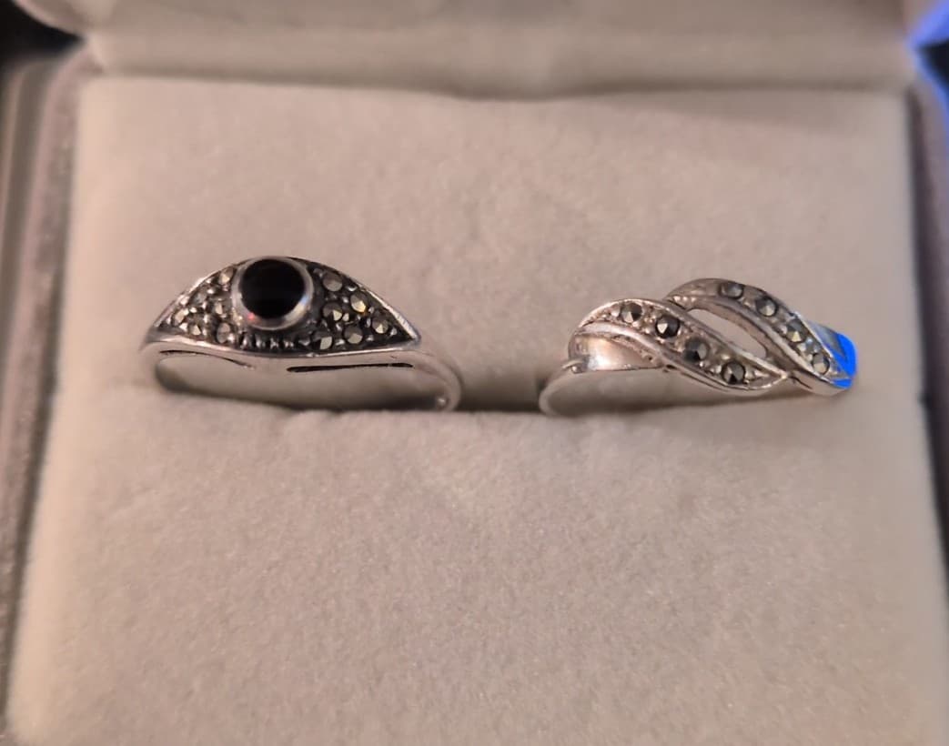 Vintage Art Deco Sterling Silver Onyx & Marcasite Nesting Ring Set 925 -size 7 - Thumbnail 4