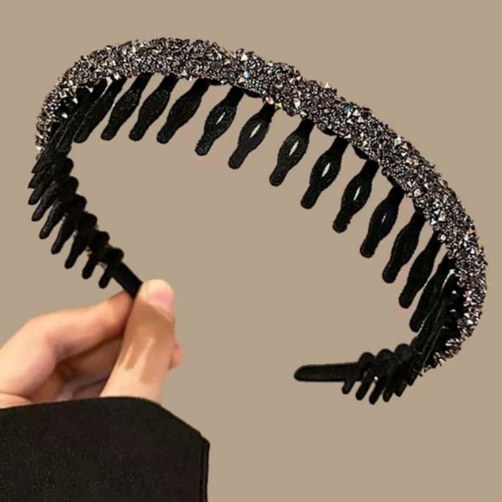 Elegant Black and Silver Headband With Strong Teeth - Thumbnail 4
