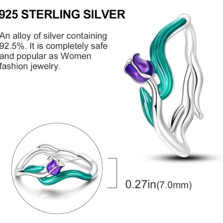 925 Sterling Silver Ring VIBRANT purple Tulip Flower size 7 stamped 925 - Thumbnail 4