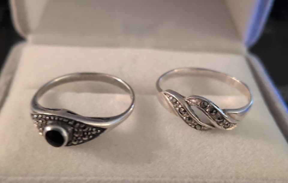 Vintage Art Deco Sterling Silver Onyx & Marcasite Nesting Ring Set 925 -size 7 - Thumbnail 2