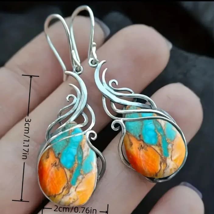 925 dangle earrings with a fusion of genuine turquoise & spiny oyster gemstones - Thumbnail 3