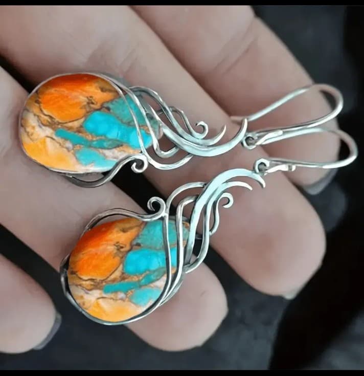 925 dangle earrings with a fusion of genuine turquoise & spiny oyster gemstones - Image 1