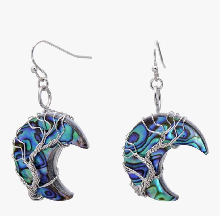 Sterling Silver Earrings Moon Shaped Abalone Shell Wrapped Tree of Life - Image 1