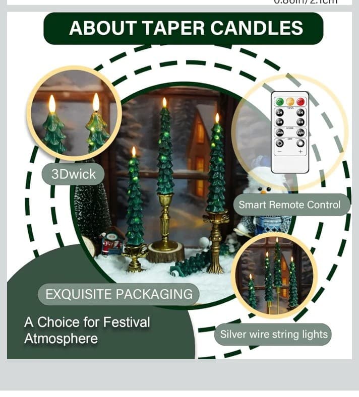Christmas Tree Flameless Candles with Remote,4 Pcs Green Real Wax LED Flickering - Thumbnail 5