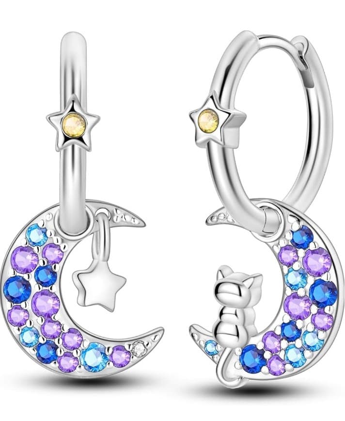 Sterling Silver Moon and Star Earrings with Purple and Blue Accents And A Cat - Image 1