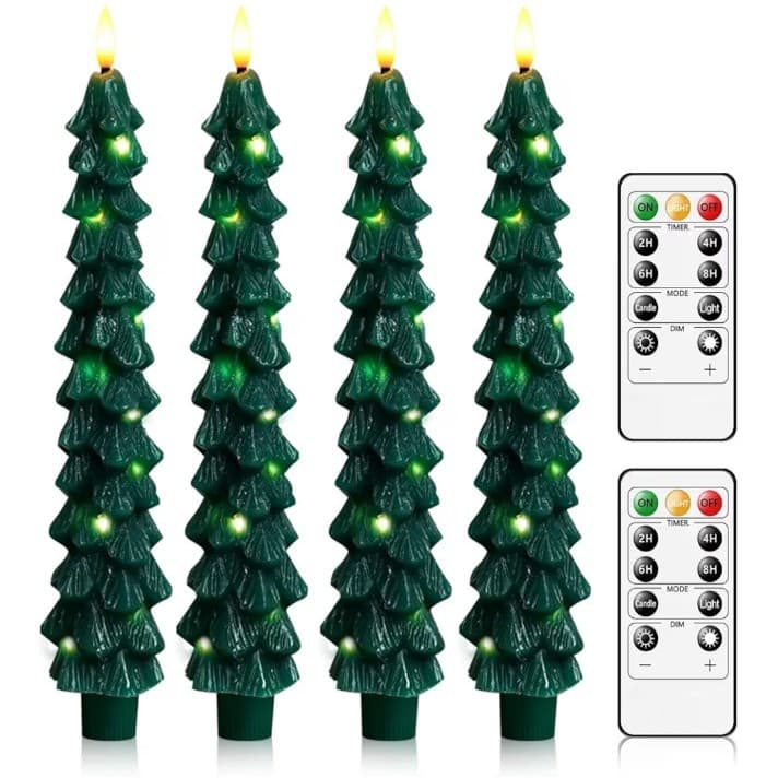 Christmas Tree Flameless Candles with Remote,4 Pcs Green Real Wax LED Flickering - Image 1