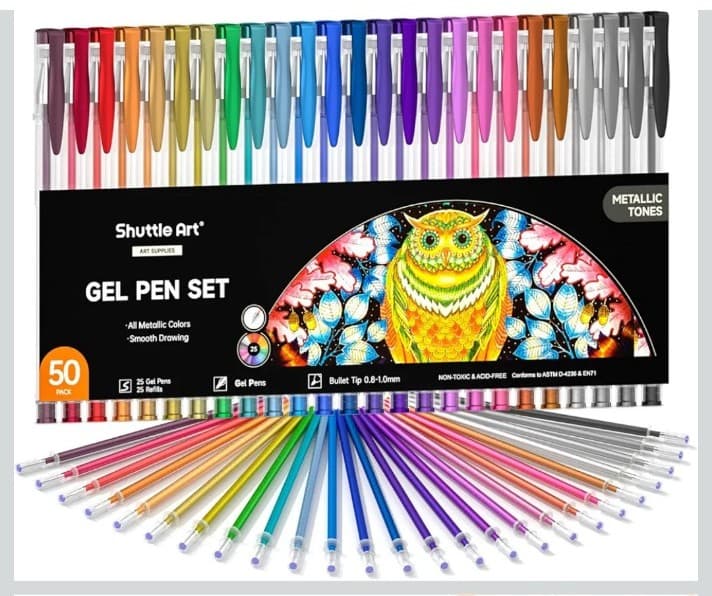 Art 50 Pack Metallic Gel Pens, 25 Metallic Gel Pens Set with 25 Refills - Image 1