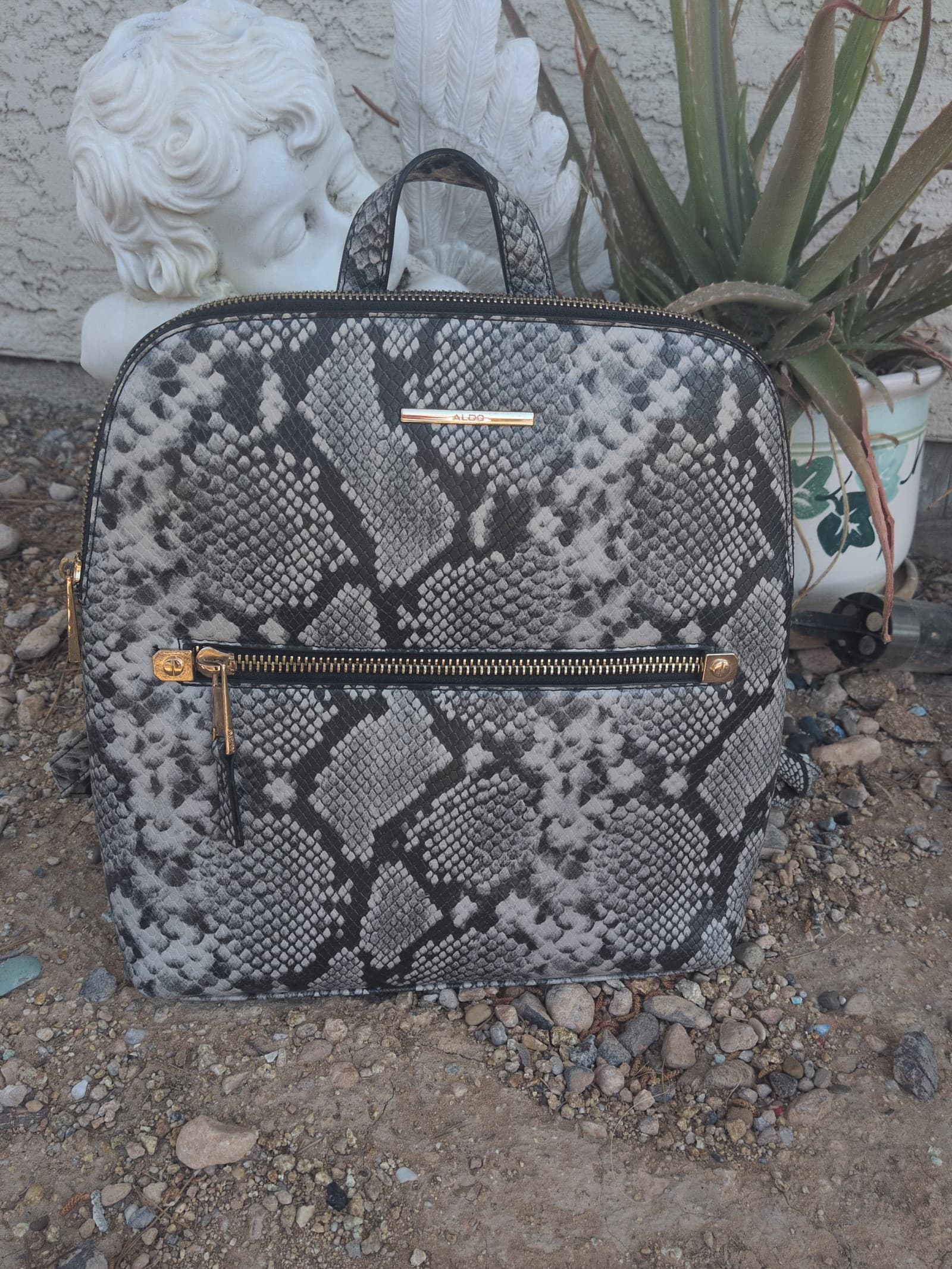 ALDO Structured Snakeskin Print Backpack – Black & White Faux Leather LOW SHIPPI - Image 1