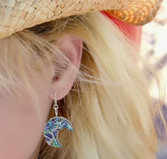 Sterling Silver Earrings Moon Shaped Abalone Shell Wrapped Tree of Life - Thumbnail 2