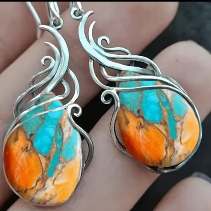 925 dangle earrings with a fusion of genuine turquoise & spiny oyster gemstones - Thumbnail 4