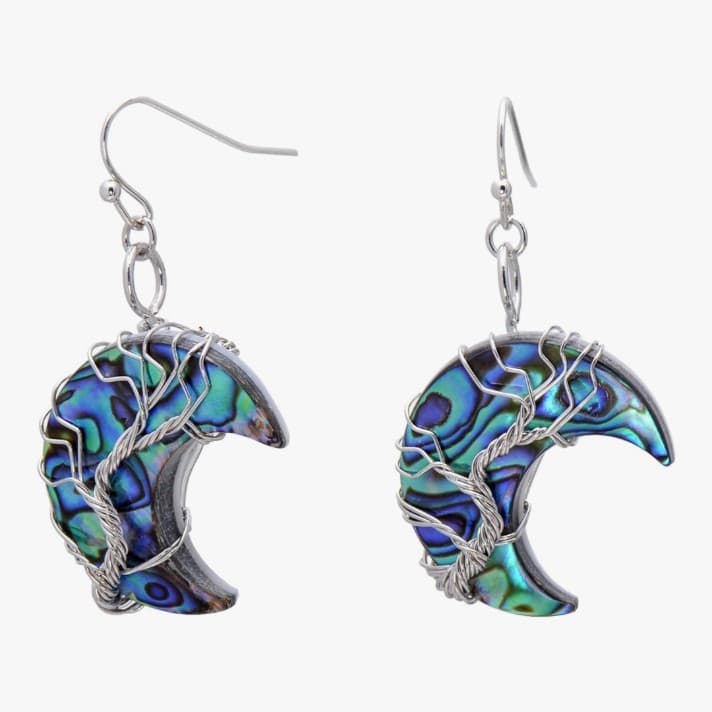 Sterling Silver Earrings Moon Shaped Abalone Shell Wrapped Tree of Life - Thumbnail 5