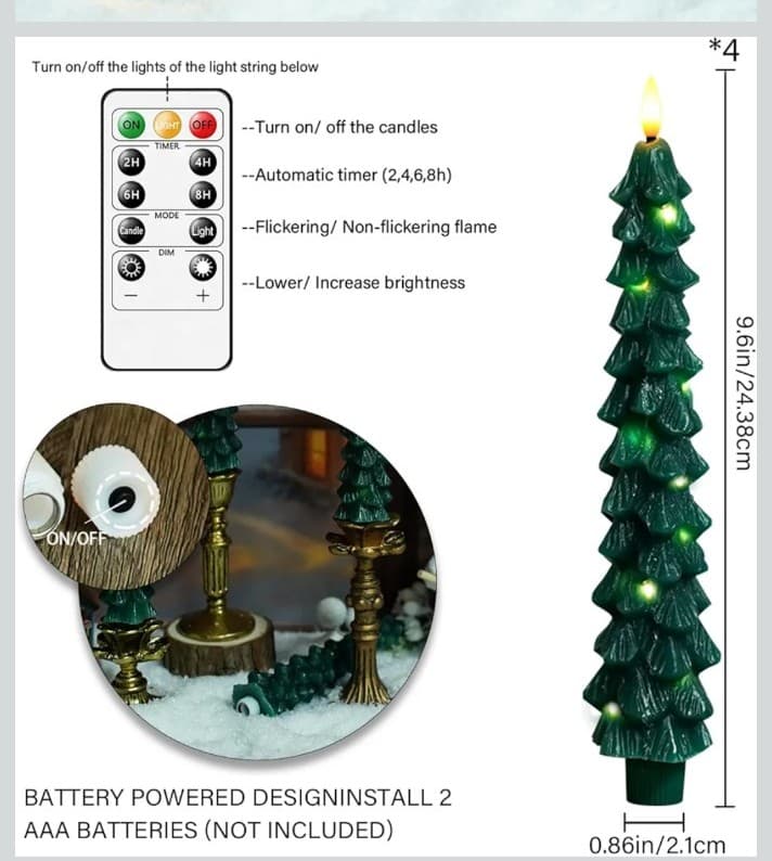 Christmas Tree Flameless Candles with Remote,4 Pcs Green Real Wax LED Flickering - Thumbnail 4
