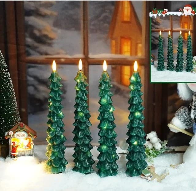 Christmas Tree Flameless Candles with Remote,4 Pcs Green Real Wax LED Flickering - Thumbnail 3