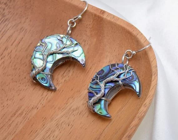 Sterling Silver Earrings Moon Shaped Abalone Shell Wrapped Tree of Life - Thumbnail 3