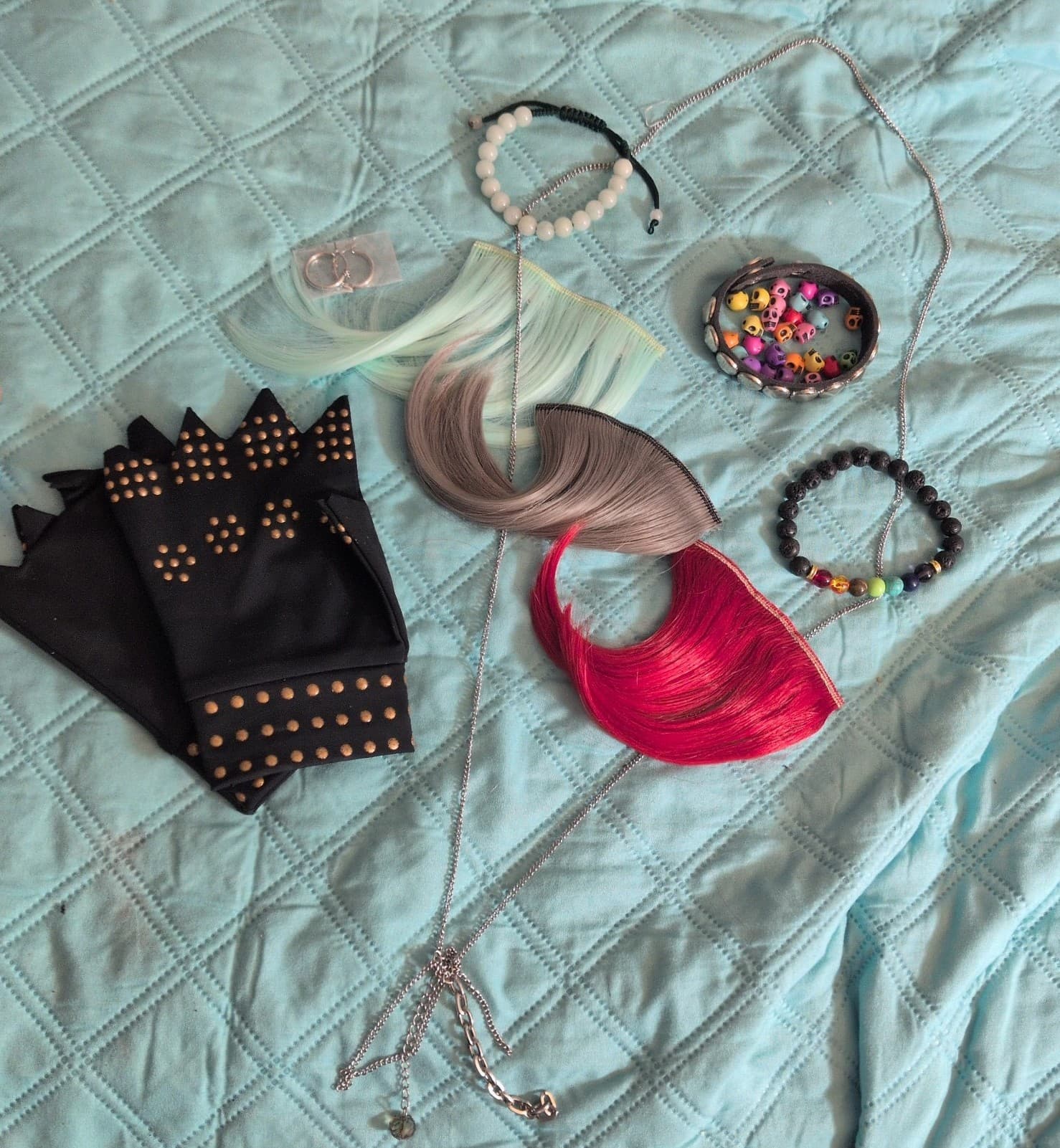 Mega Alt Gothic Accessory Bundle – Studded Gloves, Hair Extensions, Jewelry Set - Image 1