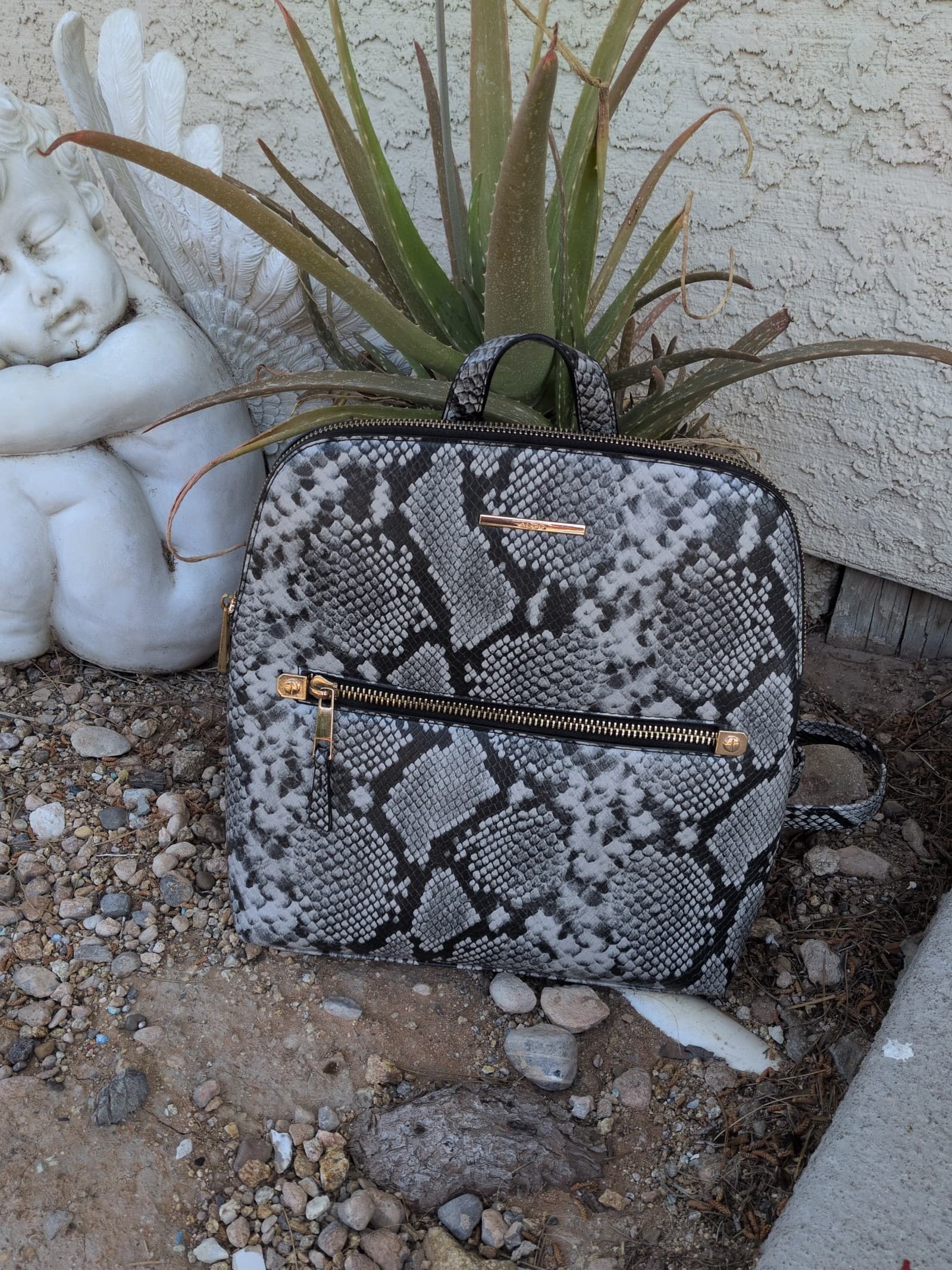 ALDO Structured Snakeskin Print Backpack – Black & White Faux Leather LOW SHIPPI - Thumbnail 8