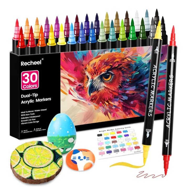 Recheel 30Colors Acrylic Paint Markers, Dual Tip Fine &Brush Tips for Detail Art - Thumbnail 9