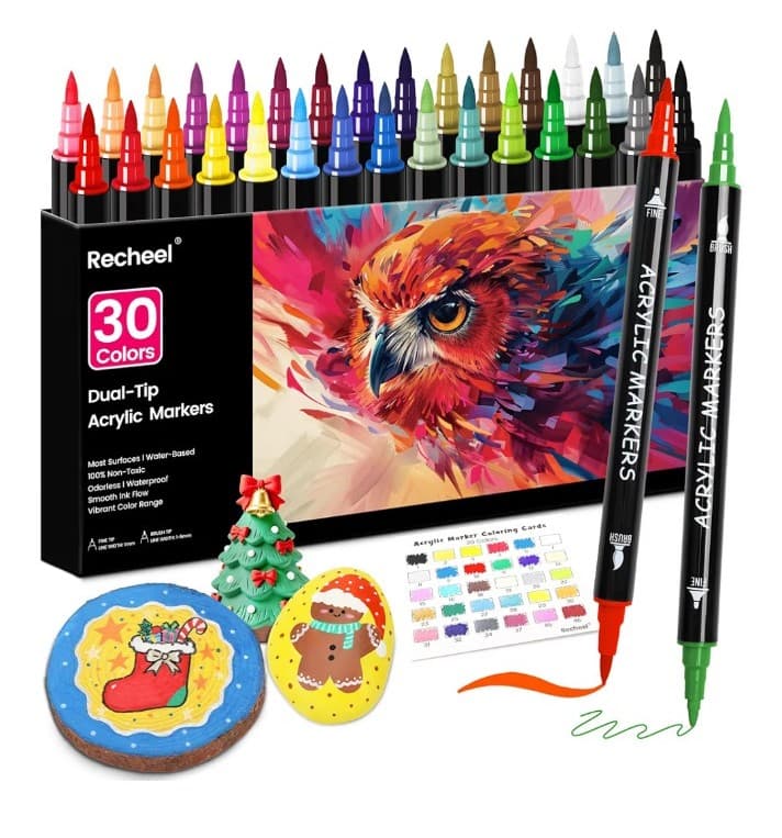 Recheel 30Colors Acrylic Paint Markers, Dual Tip Fine &Brush Tips for Detail Art