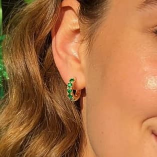 14k Gold Plated Small Gold Emerald Hoop Earrings w/ Sterling Silver Posts . - Thumbnail 3