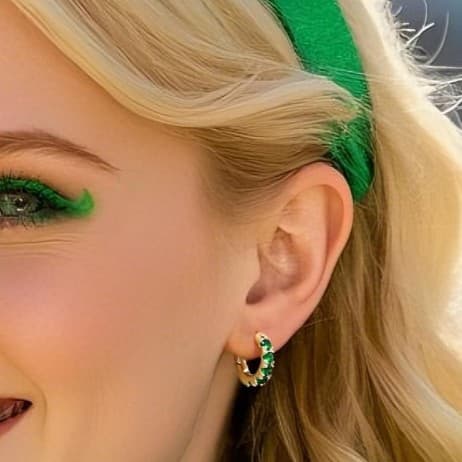 14k Gold Plated Small Gold Emerald Hoop Earrings w/ Sterling Silver Posts . - Thumbnail 4