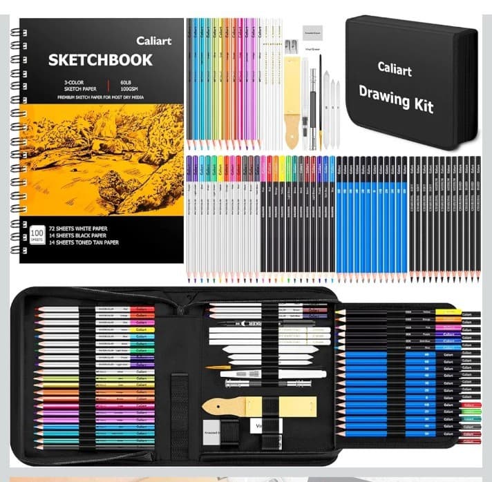 176PCS Art Supplies Sketching Kit with 100 Sheets 3-Color Sketch Book, Graphite