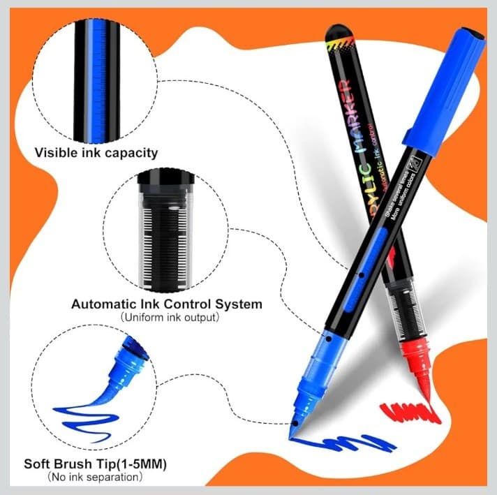 Acrylic Paint Markers, 24 Colors Automatic Ink Control Acrylic Pens, Soft Brush - Thumbnail 3