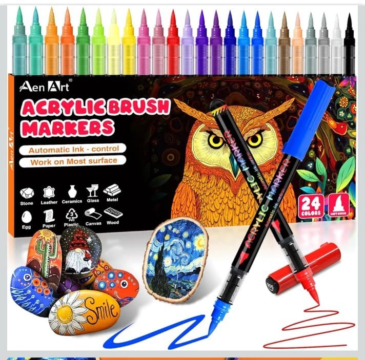 Acrylic Paint Markers, 24 Colors Automatic Ink Control Acrylic Pens, Soft Brush