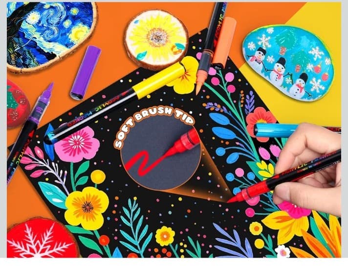 Acrylic Paint Markers, 24 Colors Automatic Ink Control Acrylic Pens, Soft Brush - Thumbnail 2