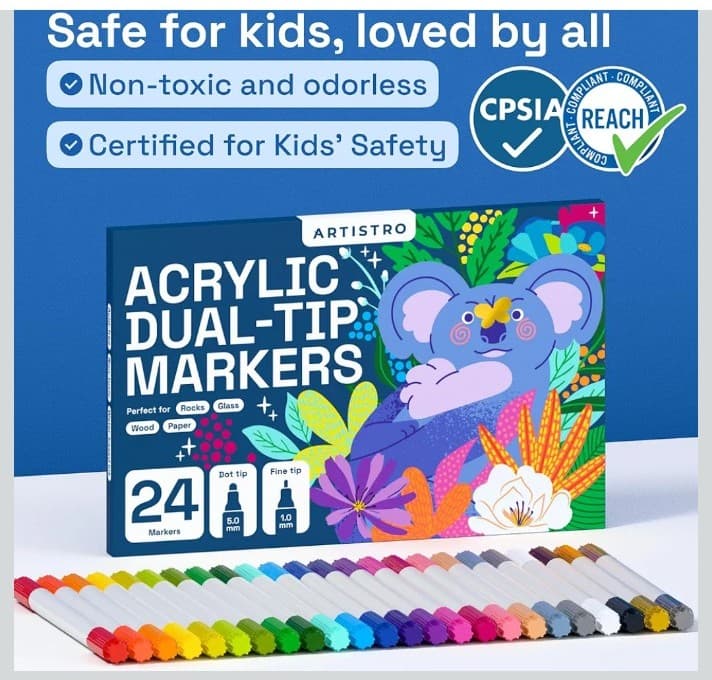 ARTISTRO 24 Acrylic Paint Markers for Rock, Fabric, Wood, Glass, Eggs - Dual-Tip - Thumbnail 5