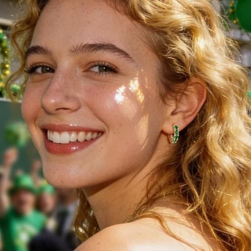 14k Gold Plated Small Gold Emerald Hoop Earrings w/ Sterling Silver Posts . - Thumbnail 2