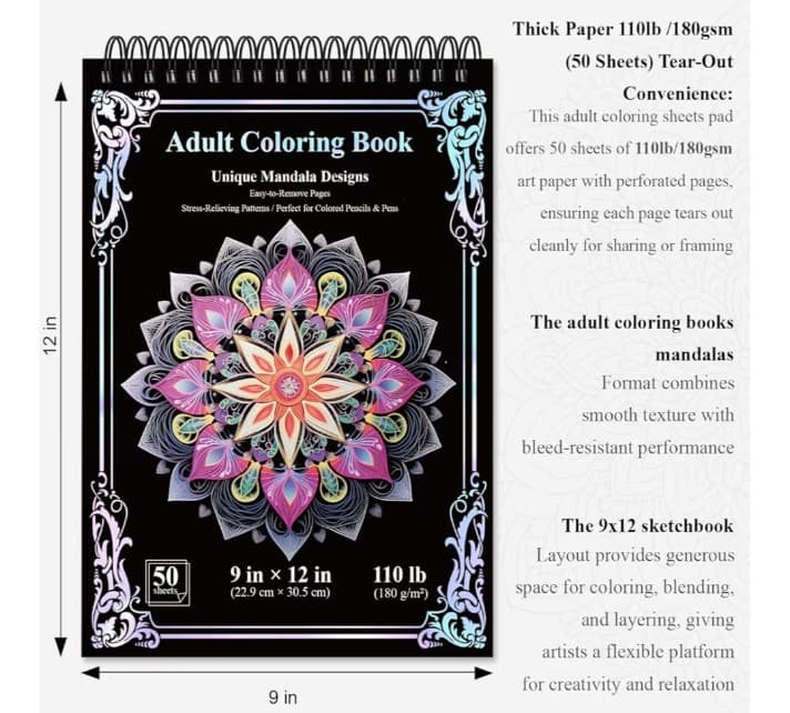 Hardcover 50 Unique Designs Spiral Coloring Book for Adults W/ Perforated Pages - Thumbnail 3