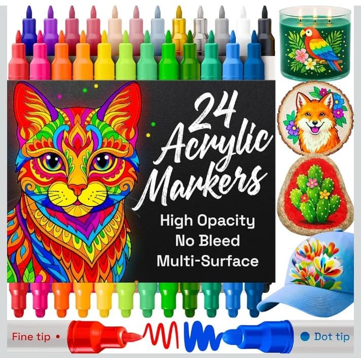 ARTISTRO 24 Acrylic Paint Markers for Rock, Fabric, Wood, Glass, Eggs - Dual-Tip