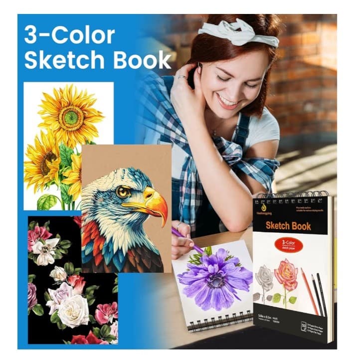 100 Art Supplies Drawing Kit Pro Drawing Supplies Set has 3-Color Sketchbook - Thumbnail 4