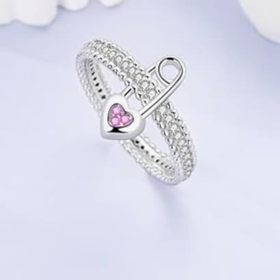 Sterling Silver Safety Pin & Heart Statement Ring - Size 7 - Thumbnail 2