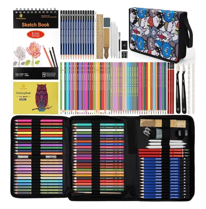 100 Art Supplies Drawing Kit Pro Drawing Supplies Set has 3-Color Sketchbook