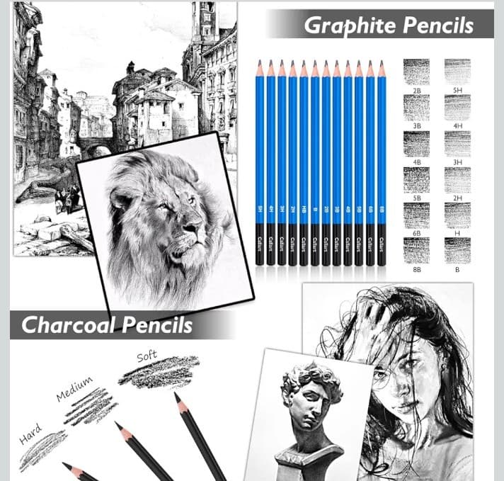 176PCS Art Supplies Sketching Kit with 100 Sheets 3-Color Sketch Book, Graphite - Thumbnail 4