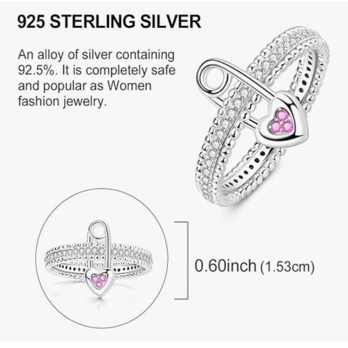 Sterling Silver Safety Pin & Heart Statement Ring - Size 7 - Thumbnail 3