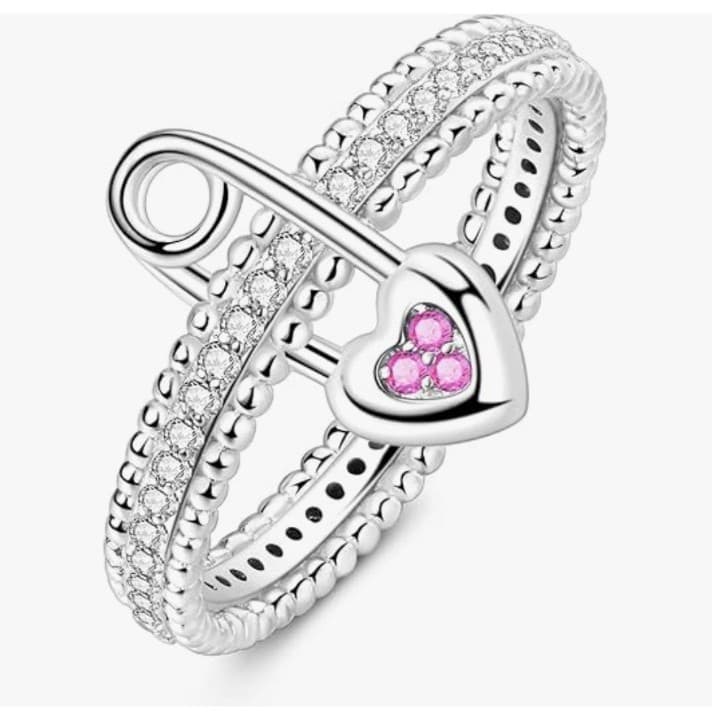 Sterling Silver Safety Pin & Heart Statement Ring - Size 7