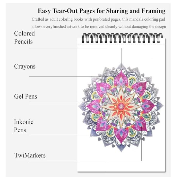 Hardcover 50 Unique Designs Spiral Coloring Book for Adults W/ Perforated Pages - Thumbnail 4