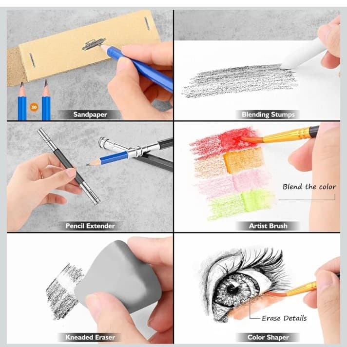 176PCS Art Supplies Sketching Kit with 100 Sheets 3-Color Sketch Book, Graphite - Thumbnail 5