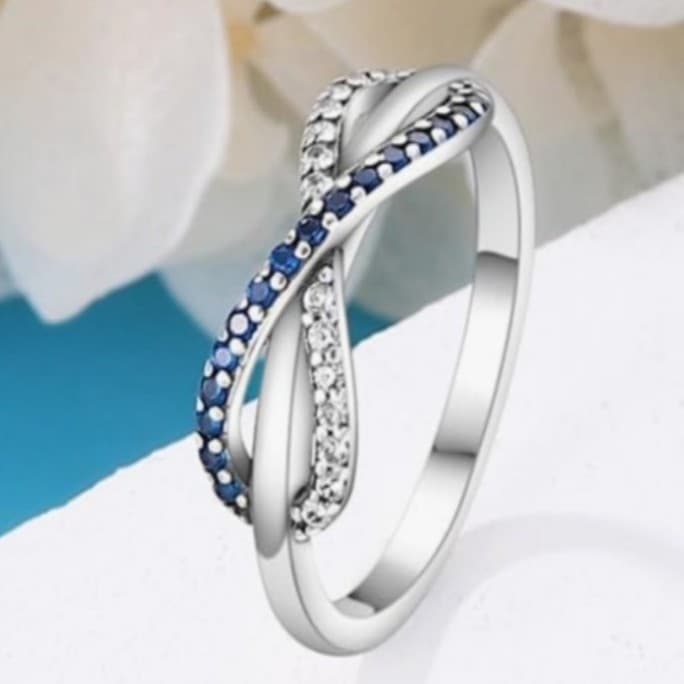Sterling Silver Infinity Ring with Blue and White Stones Stamped 925 Size 6