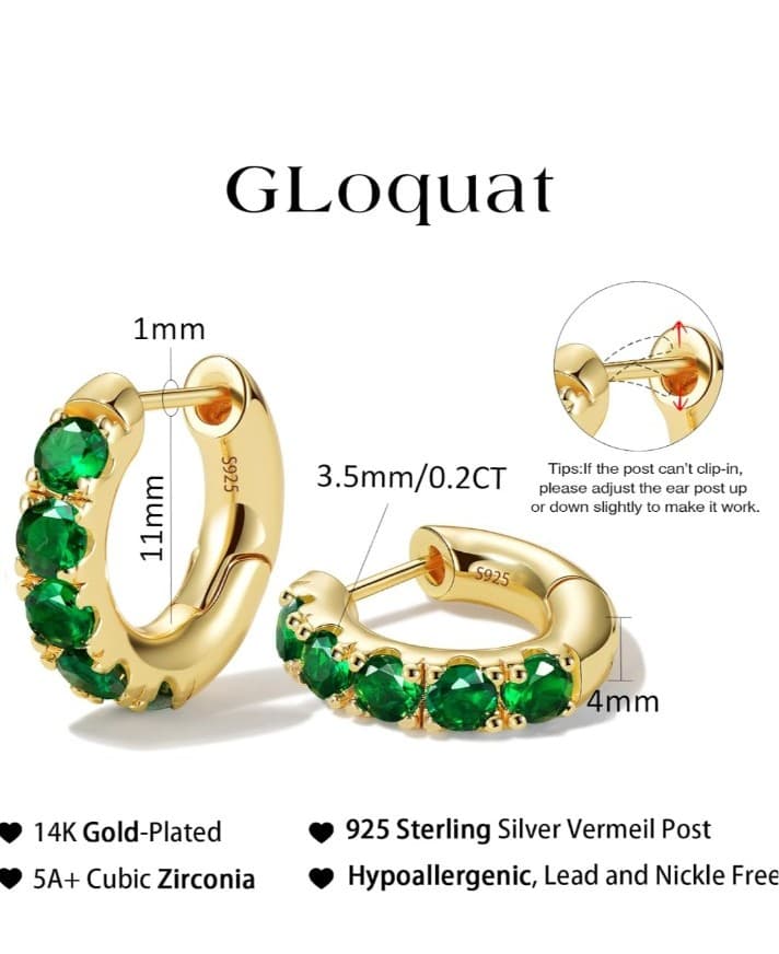 14k Gold Plated Small Gold Emerald Hoop Earrings w/ Sterling Silver Posts . - Thumbnail 5