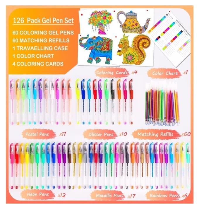 Deluxe 120 Pack Gel Pens for Kids & Adults , 60 Gel Pens, 60 refills and 1 case - Thumbnail 3